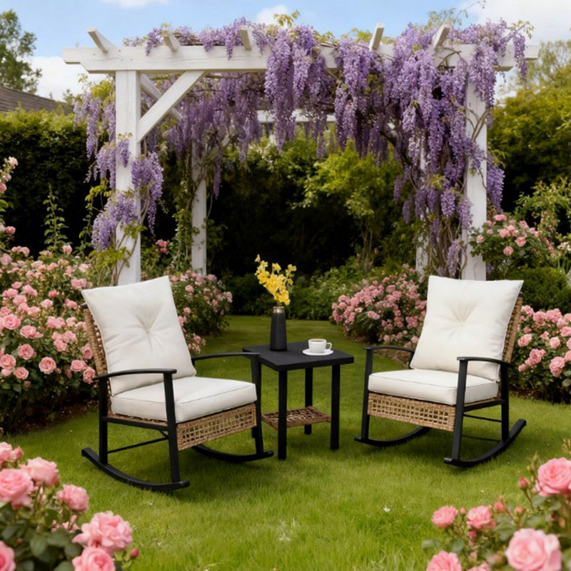 Wicker Patio Furniture Set With Button Tufted Cushions, Rattan Rocking Chairs Coffee Table, White