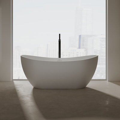 Baignoire de trempage autoportante blanche à surface solide 59 "x 29,5" avec trop-plein et bonde escamotable MonBlari