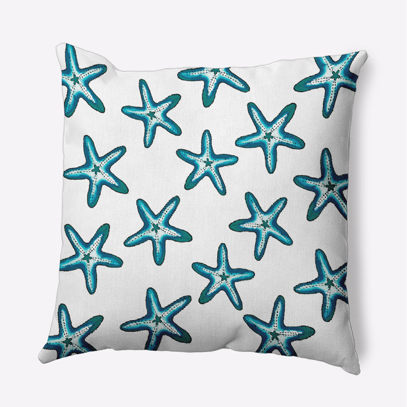 Beach Vacation Starfish Print Outdoor Square Pillow Cover & Insert, 16"x16", White/Teal