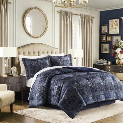 Navy 4 Pcs Queen Comforter With 2022 Upgraded Durability. - , Hidden Zipper On Shams. 92"w X 96"l, Shams 20"w 26"l+2"d, 60"w 80"l + 15"d. Chenille Front, Solid Back, Decorative Rope Trim Process For