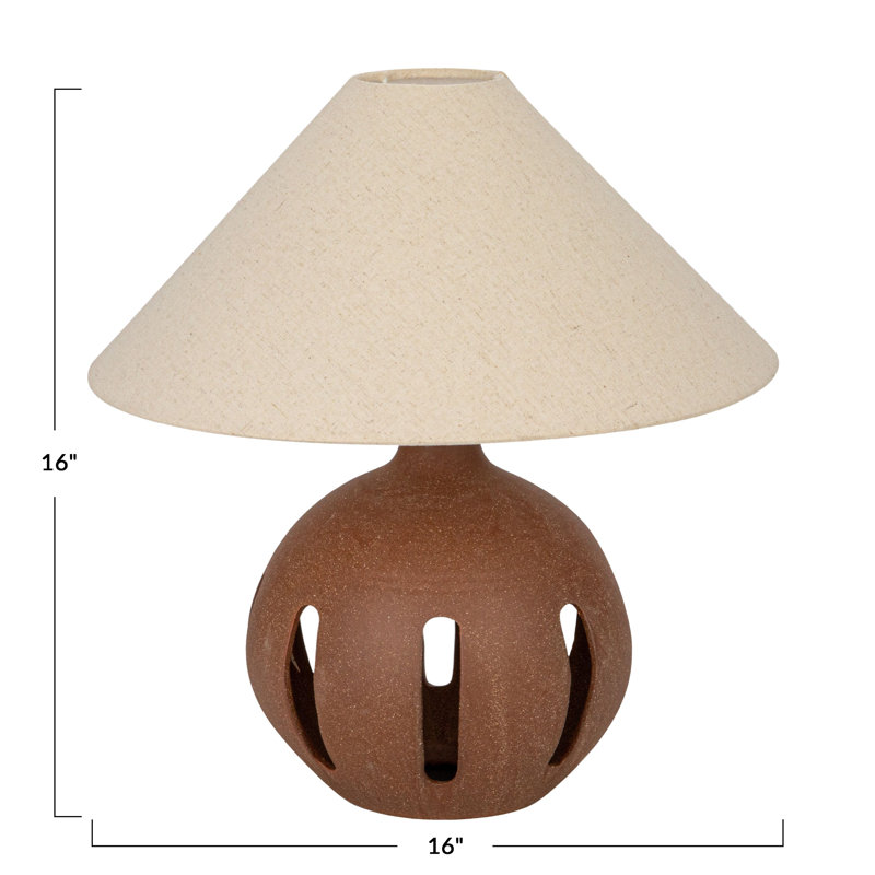 Brown Ceramic Table Lamp with Natural Linen Shade and Cut-Outs