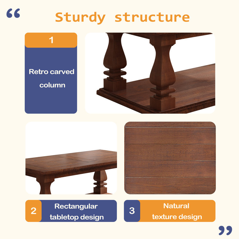 Table basse de style campagnard, avec plateau en planches lourdes et pieds de balustre carrés, longue table de salon rustique de 47,24 po