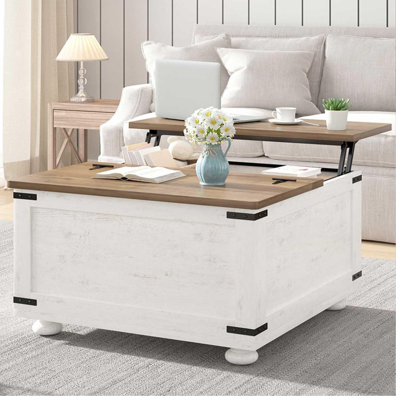 Table basse Farmhouse avec rangement, table basse carrée relevable pour le salon, White