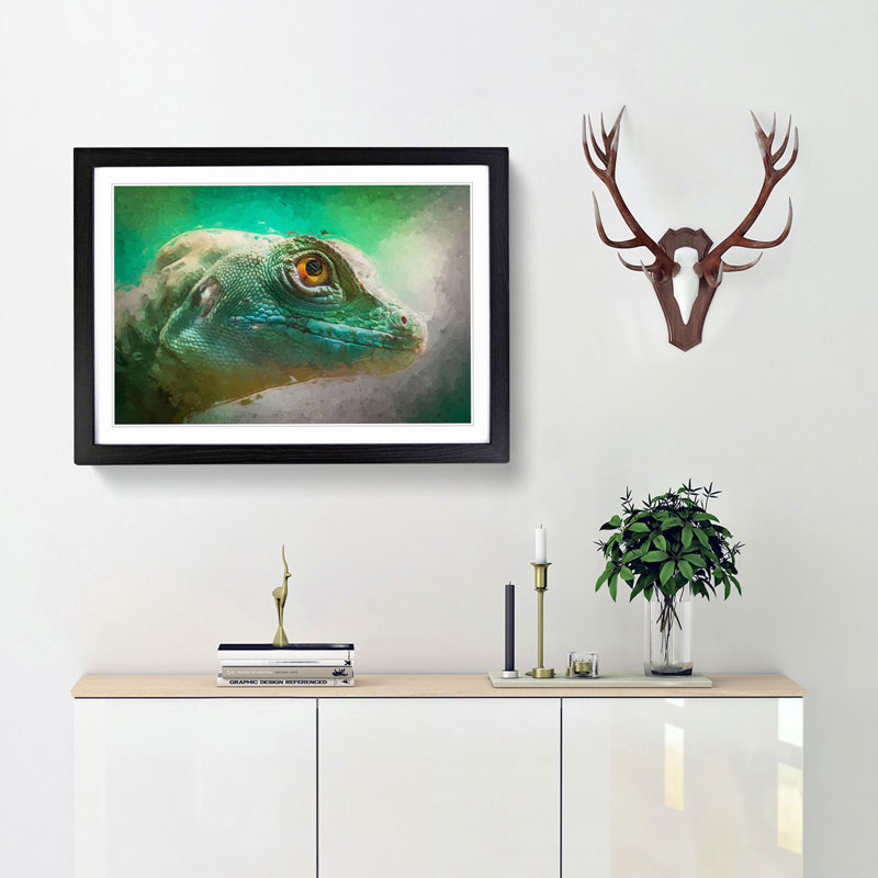 Green Lizard in Abstract - Picture Frame Graphic Art Print, 62cm H x 87cm W x 2cm D, Black Framed