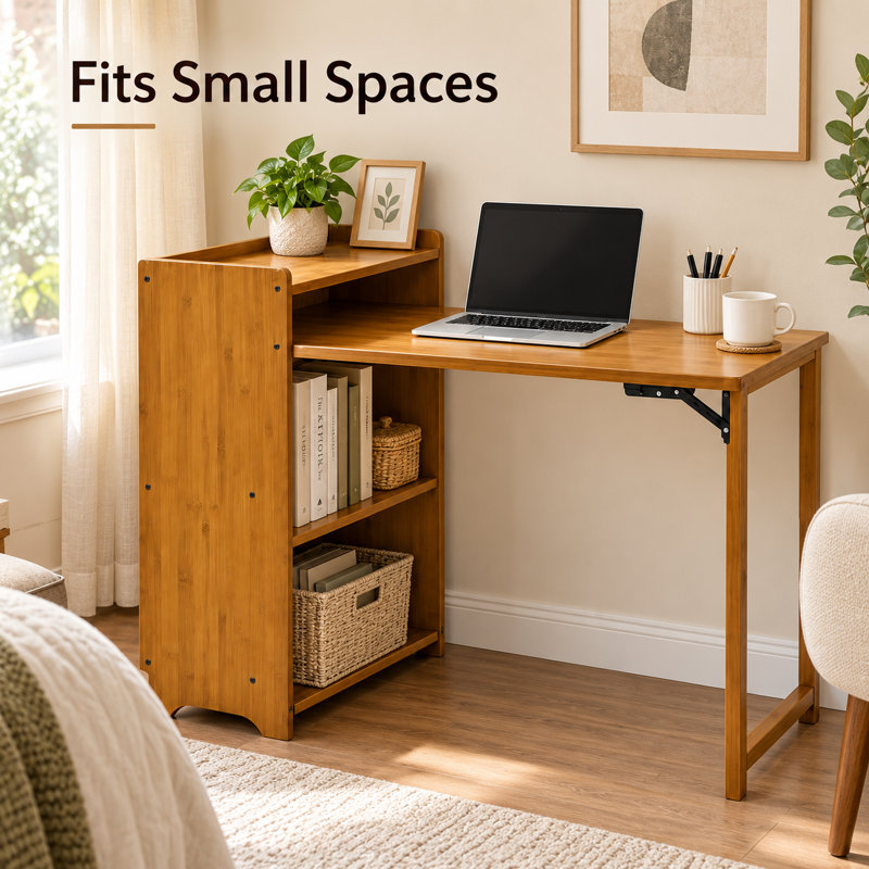 Bureau d'ordinateur pliant en bambou avec tablettes de rangement, bureau d'écriture pliable pour petits espaces, brun