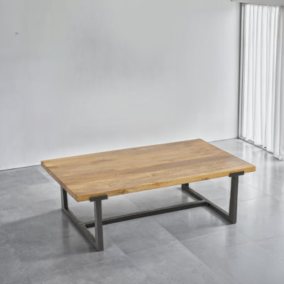 Marlon 48" Coffee Table, Handmade Aluminum Cast Black Frame, Natural Brown Solid Mango Wood Top