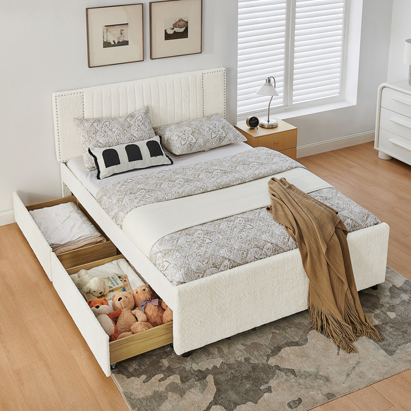 Queen Size Vertical Channel Tufted Headboard & Nailhead Trim Upholstered Bed with 2 Storage Drawers and Pull-out Trundle Bed