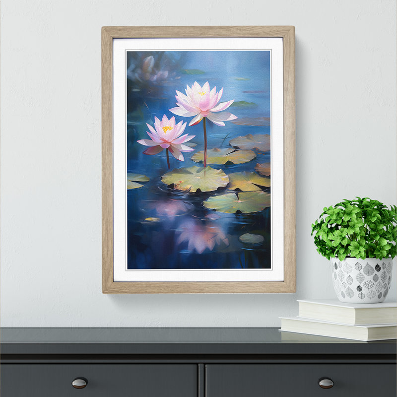 XYZ-FRM-V1223-4346 Lotus Flower Romanticism - Single Picture Frame Print on Wood, 64cm H x 46cm W x 2cm D, Oak