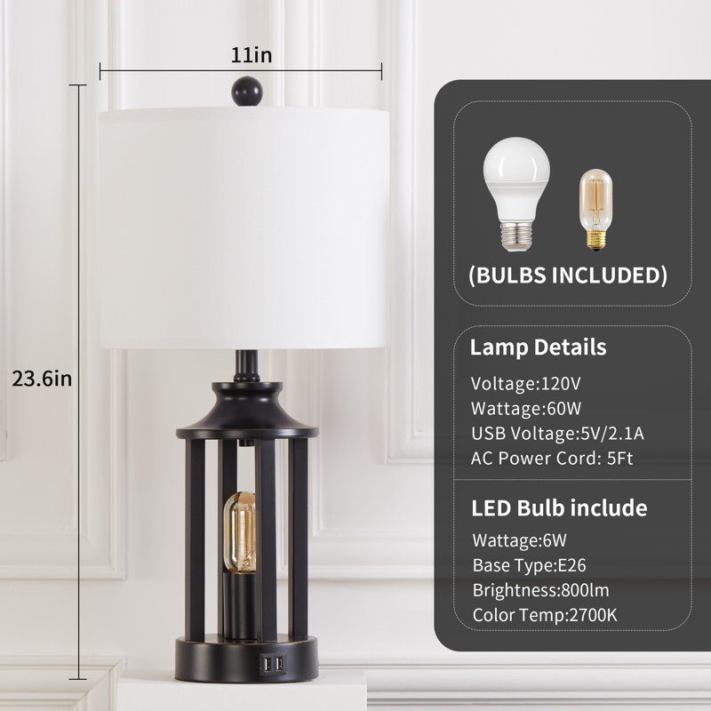 Cochranville 23.6" Dimmable Lantern Table Lamp Set with Night Light and USB Ports, Black, White