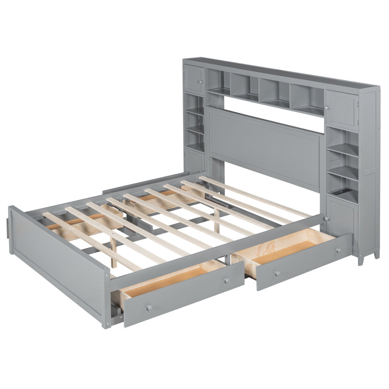 Grand lit attrayant avec armoire de rangement intégrée, tablette et prises - Options de prises majestueuses grises, Gris