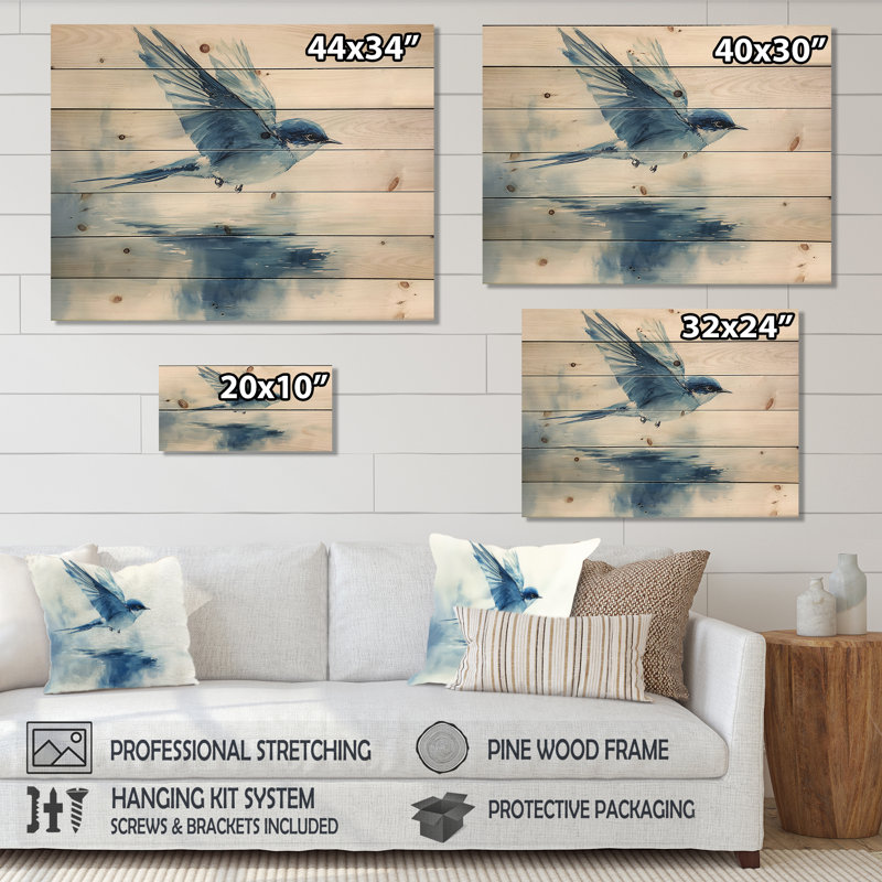 Swallow oiseau écrémant l'eau II - Art mural en bois oiseau - sur bois de pin naturel, H 10 po x l 20 po