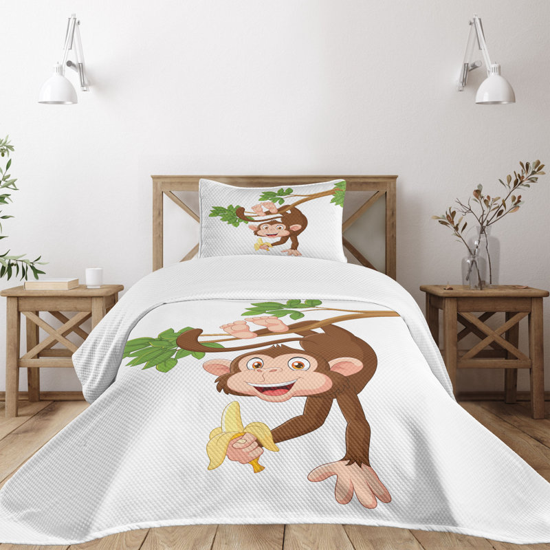 Twin White Quilted Bedspread Set with Monkey Design