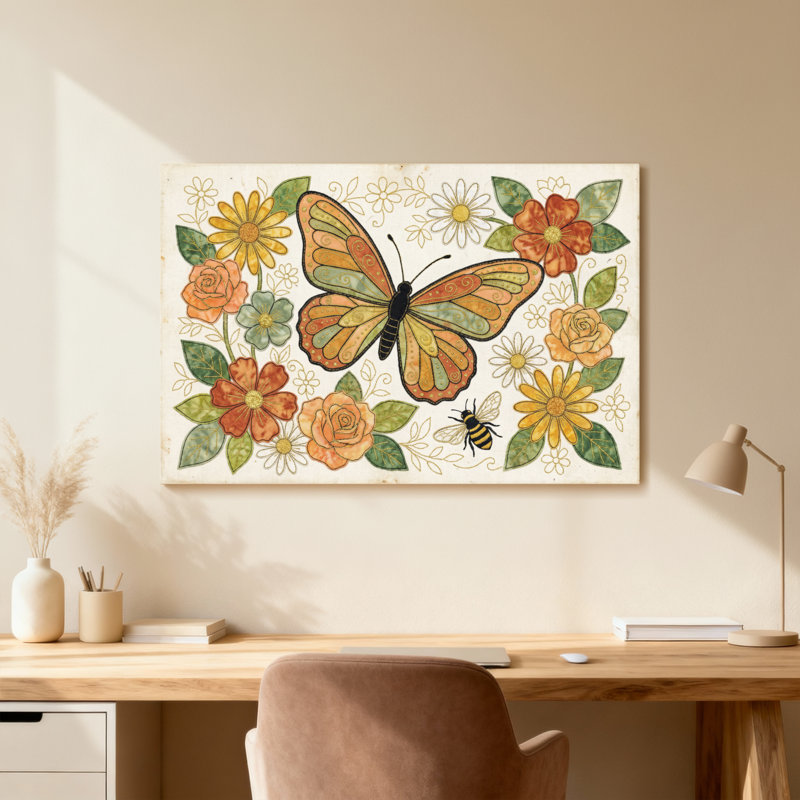 Animaux, papillon, fleurs, abeille, impression de motif de jardin, H 16 po x l 24 po, Toile tendue, Ne s’applique pas