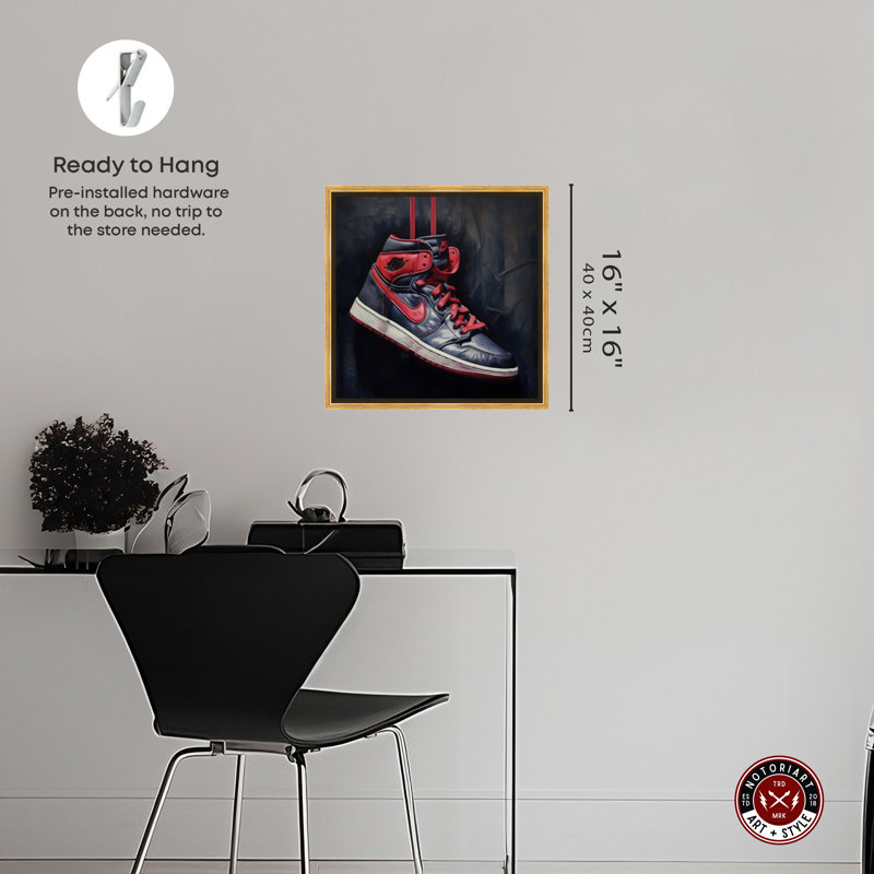 Sneaker suspendu noir et rouge Notoriart 1 pièce, Cadre doré, H 41 po x l 41 po