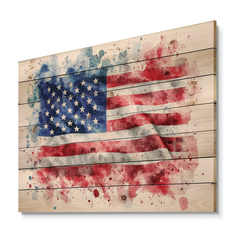 Aquarelle, drapeau américain - impression sur bois États-Unis - sur bois de pin naturel, H 10 po x l 20 po x P 0,78 po