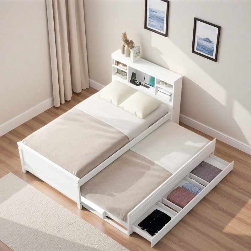 Lit plateforme avec tête de lit avec rangement, USB et 3 tiroirs, Blanc