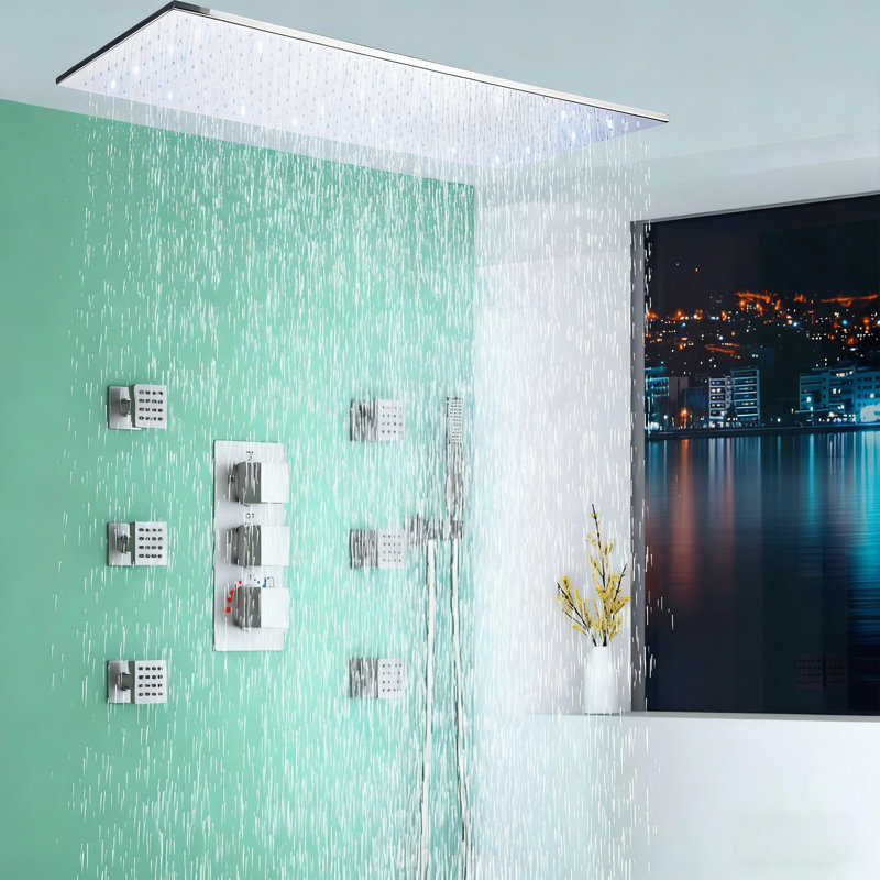 Nabiyy Chrome Ceiling Mount Rain Shower System - LED Recessed Shower Set with 6 Body Jets & Handheld Wand for Bathroom