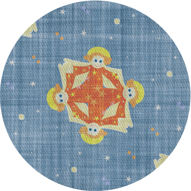 Tapis orange/bleu à motifs, Rond 4 pi