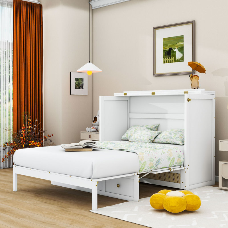 Lit escamotable en bois avec tiroirs, Double, Blanc
