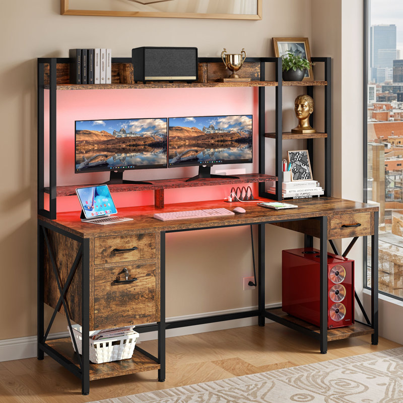 Labinot Metal Base Computer Desk with Power Outlet, Brown