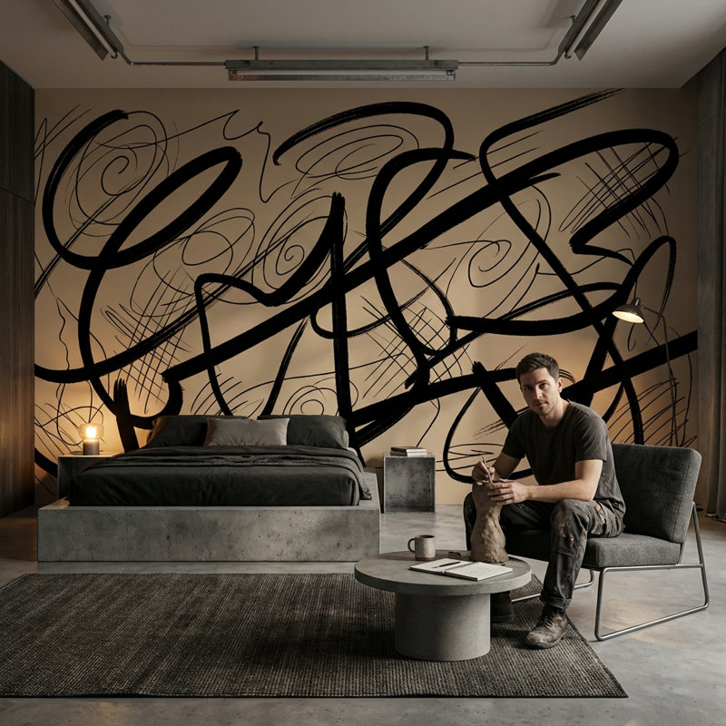 Papier peint dynamique abstrait noir avec décoration murale dynamique, 100"x96", Non-Woven Nonpasted