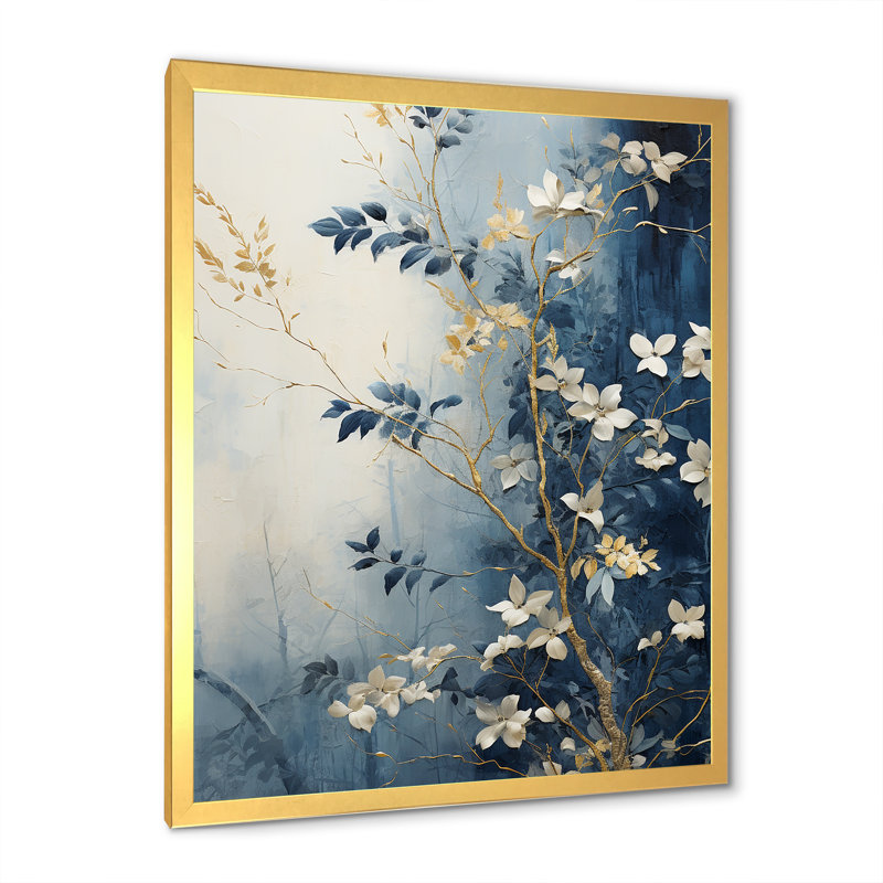 «Abstract Gold and Blue Botanical», reproduction sur toile, Cadre doré simple, H 20 po x l 12 po x P 1 po