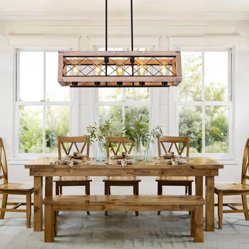 Farmhouse Chandelier Pendant Light, 5-Light Adjustable Height Wooden Black Ceiling Fixture For Kitchen Island, Dining Room, Pool Table, Rustic Modern Lighting