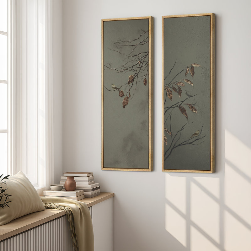 Branches botaniques en sourdine avec oiseaux aux tons terreux - ensemble de 2 reproductions d'art encadrées sur toile 60 po x 20 po x 2 pièces