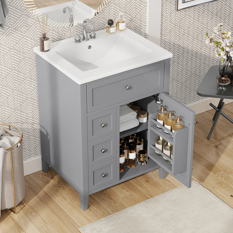 24 meubles de salle de bain avec lavabo, panneau de fibres à densité moyenne et bois d'hévéa, 3 tiroirs et armoire avec tablettes réglables, conception moderne pour les petites et moyennes salles de bain