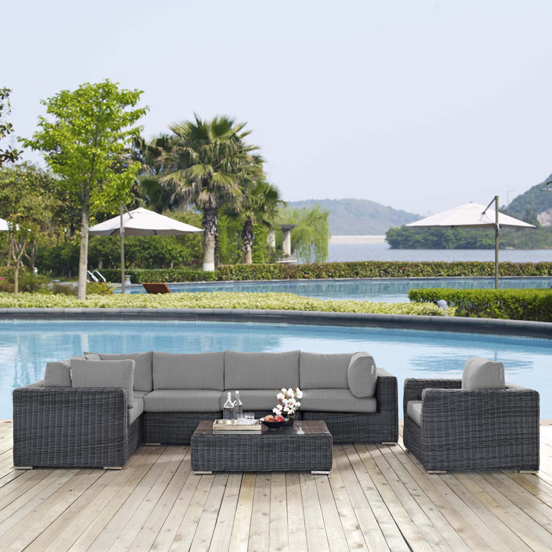 Invite 7 Piece Outdoor Patio Sunbrella Sectional Set, Canvas Granite Sunbrella® Canvas