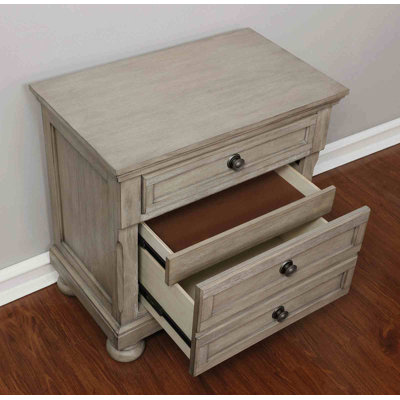 Transitional Gray Nightstand With Hidden Drawers, USB Port, And Bun Feet | Gift Idea