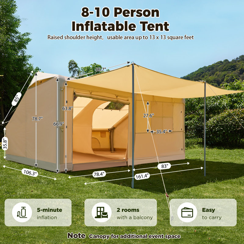 Inflatable Tents For Camping, 8-10 Person Tent With Canopy, Mesh Windows, Stove Jack & Pump, Easy Setup 4 Season Glamping Tent, Waterproof & Windproof