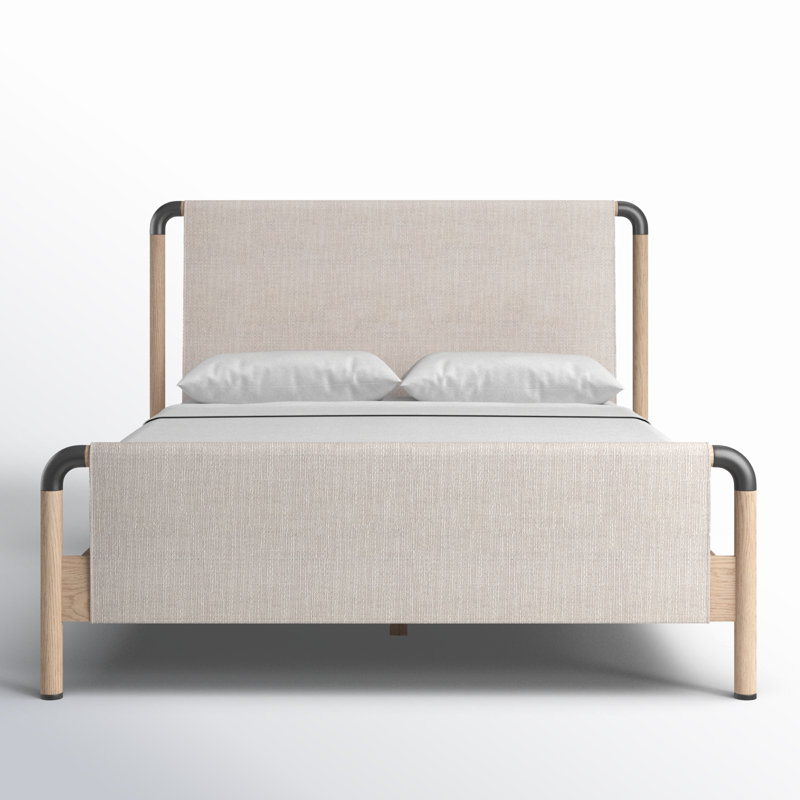 Queen Beige Upholstered Wood and Iron Bed with Headboard