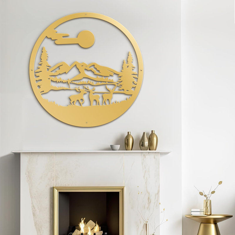 Décoration murale décorative murale abstraite circulaire cerf et montagne, H 24 po x l 24 po x P 0,05 po, Doré