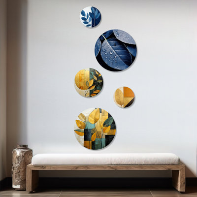 Branwyn - Ensemble de 5 pièces d'art mural rondes à feuilles géométriques dorées