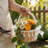 Handmade Flower Girl Basket with Pearl Handle – Rattan Woven Wedding Basket, Wooden Bead & Ribbon Accents, Lined Rustic Wicker Storage Basket for Boho Home Decor
