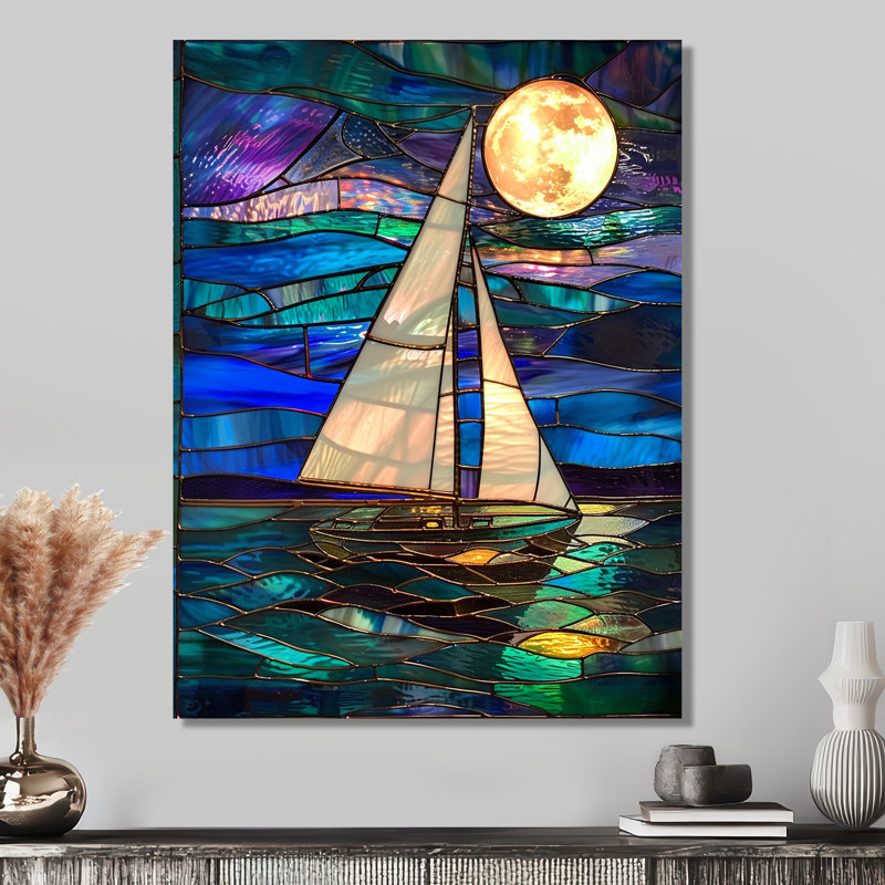 Voilier au clair de lune sur l'océan bleu et vert - bateau, art mural, Métal métal, H 20 po x l 12 po x P 1 po