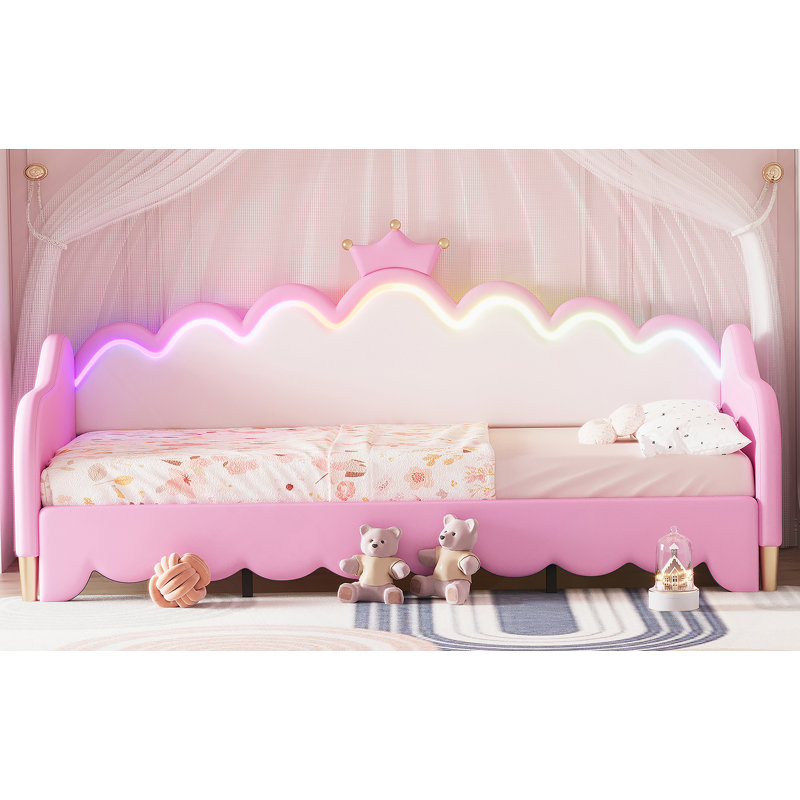 Lit de jour simple à rallonge avec lumières DEL, lit de jour princesse rembourré moderne, Rose