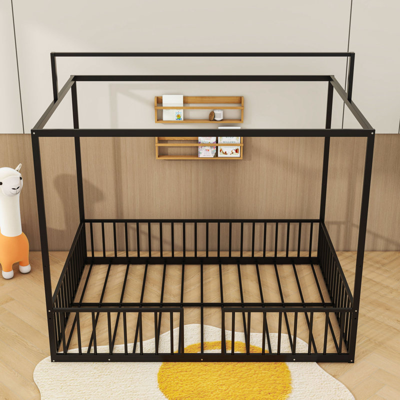 House-Shaped Design Metal Bed With Slats, Black, Full
