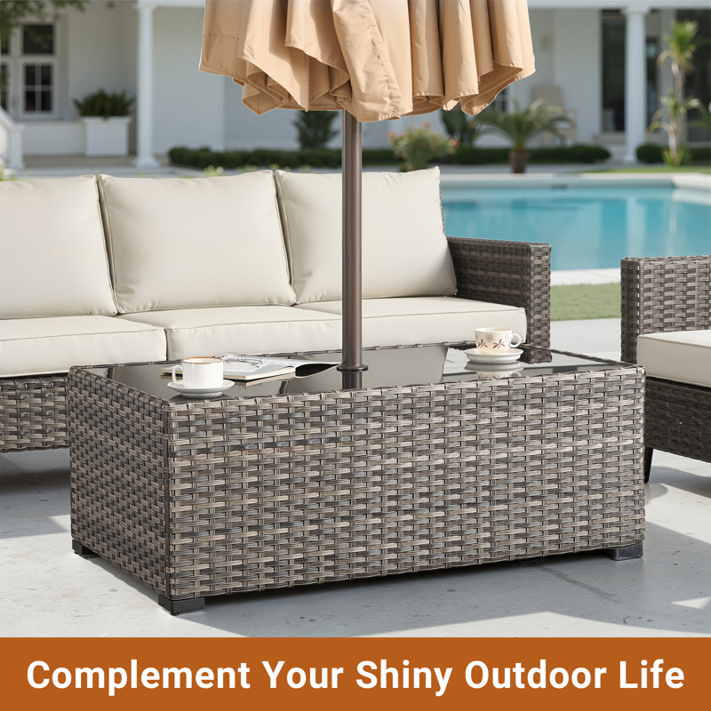 Rectangular Wicker/Rattan Outdoor Coffee Table With Umbrella Hole, Gray
