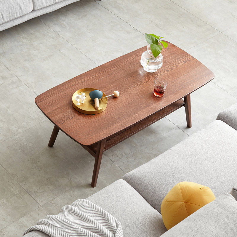 Rectangular Solid Wood Coffee Table - 120X56x44 Cm, With Shelf Storage, Brown Finish Low Walnut