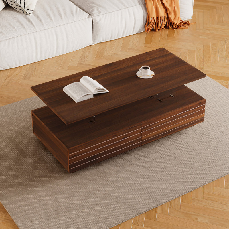 Table basse rectangulaire à 2 tiroirs à DEL avec 47,2 po de hauteur seulement, sans chaises., Noyer