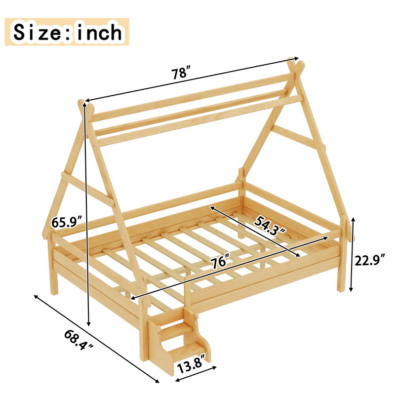 Lit plateforme simple avec escalier, structure de lit simple en bois massif, Naturel, Lit double
