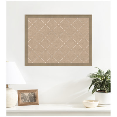 Kate and Laurel Framed Fabric Pinboard Beige Lattice Pattern Printed Linen Casual Bulletin Board for Use as a Vision Board or Wall Organization