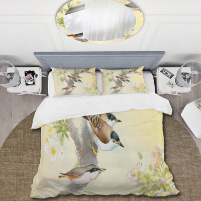 Birds On A Blossoming Apple Tree - Traditional Duvet Cover Set - Microfiber Polyester