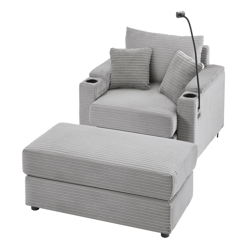 Canapé simple de 41,7 po de style moderne avec espace de rangement, repose-pieds mobile, deux ports USB, deux porte-gobelets et un support pour téléphone