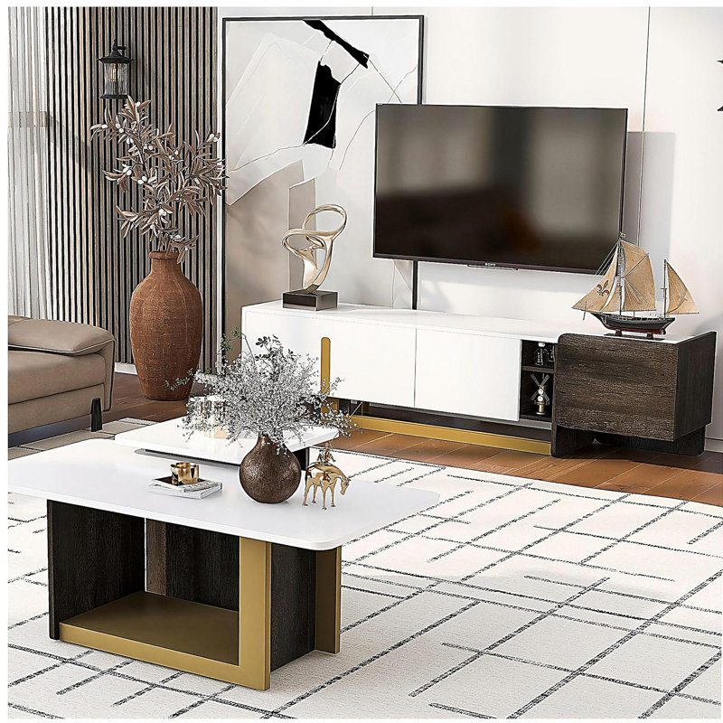 Vibe Haus, ensemble de 2 tables basses modernes et lumineuses, console de télévision moderne, tables centrales en bois avec plateau spacieux, armoire de rangement et tablettes réglables ouvertes pour le salon