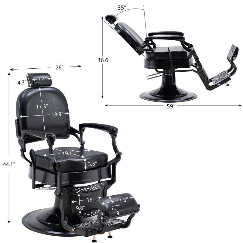 Heavy Duty Hydraulic Barber Salon Reclining Chair, All Black Genuine Leather