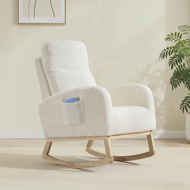 Chaise berçante d'appoint moderne avec pieds en bois massif, fauteuil de chambre de bébé rembourré, fauteuil confortable avec poche latérale, dossier haut pour le salon