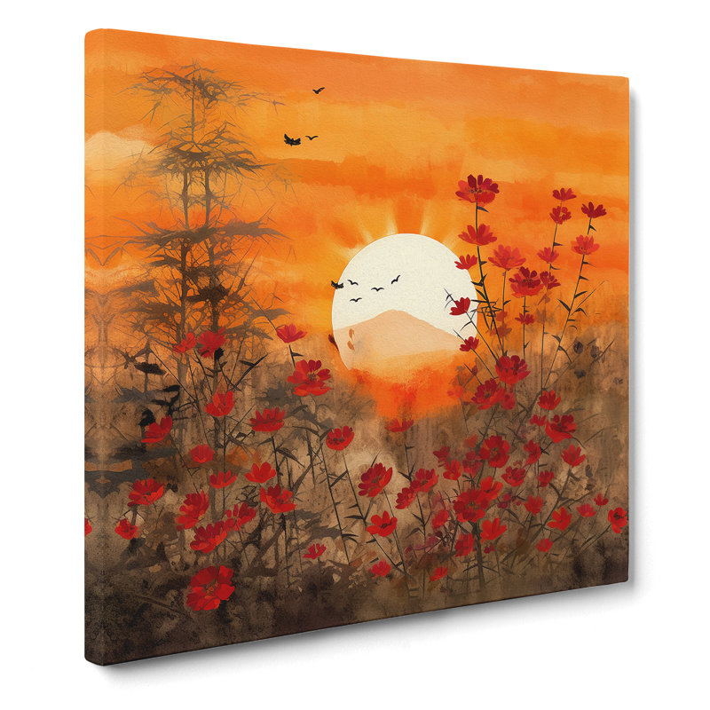 Japanese Sunset Floral Art No.1 - Wrapped Canvas, 35cm H x 35cm W x 3cm D